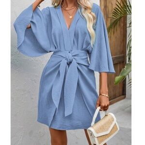 Solid V neck 3/4 Kimono Sleeve Stretchy Tie Waist Dress
